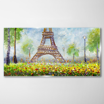 Tree flowers eiffel tower Glass Print