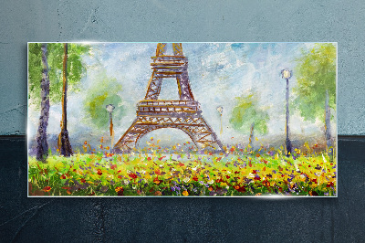 Tree flowers eiffel tower Glass Print