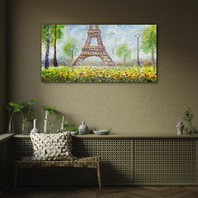 Tree flowers eiffel tower Glass Print