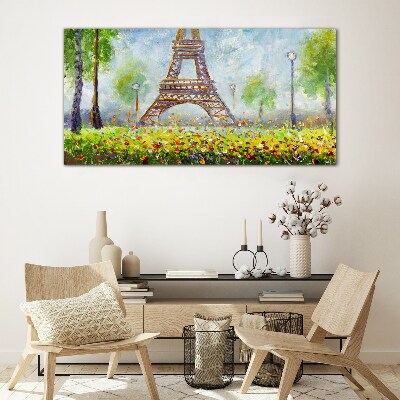 Tree flowers eiffel tower Glass Print