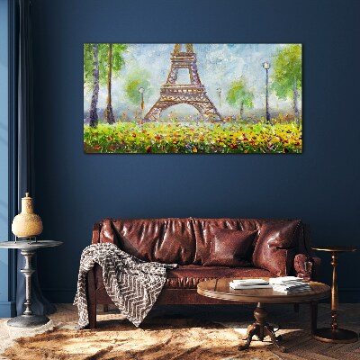 Tree flowers eiffel tower Glass Print