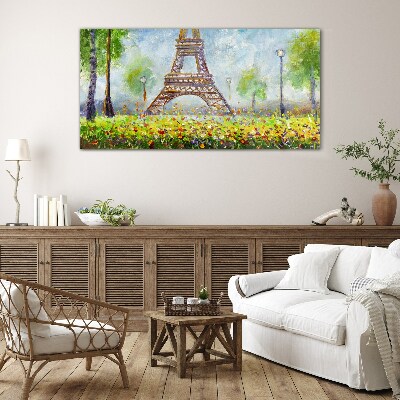 Tree flowers eiffel tower Glass Print