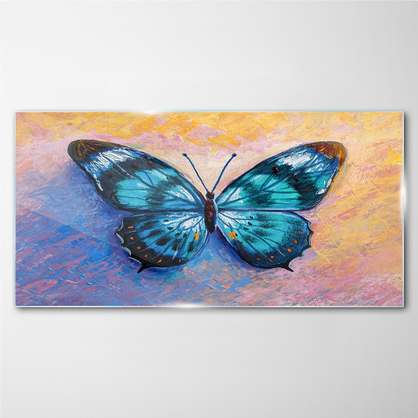 Blue butterfly on pastel background Glass art print