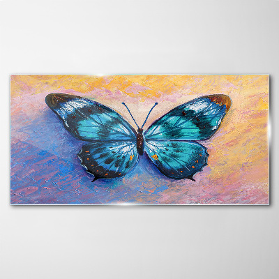 Blue butterfly on pastel background Glass art print