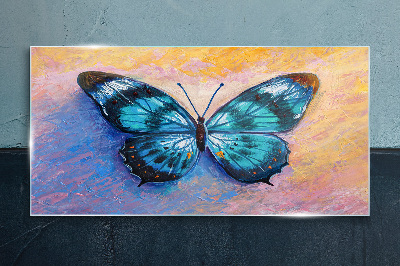 Blue butterfly on pastel background Glass art print