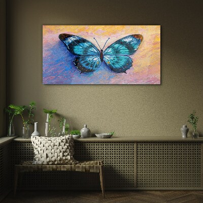 Blue butterfly on pastel background Glass art print