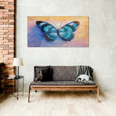 Blue butterfly on pastel background Glass art print