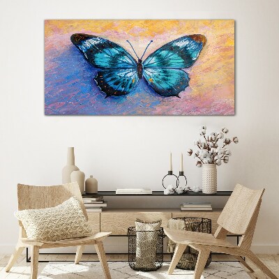 Blue butterfly on pastel background Glass art print