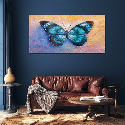 Blue butterfly on pastel background Glass art print