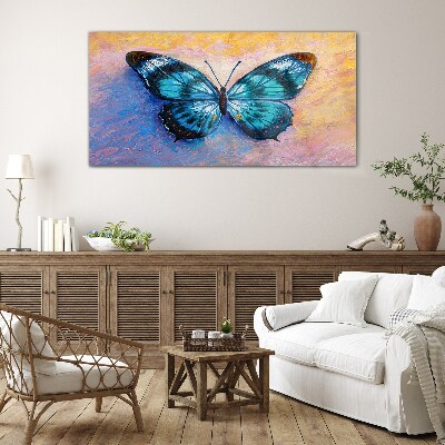 Blue butterfly on pastel background Glass art print