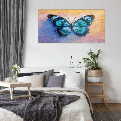 Blue butterfly on pastel background Glass art print