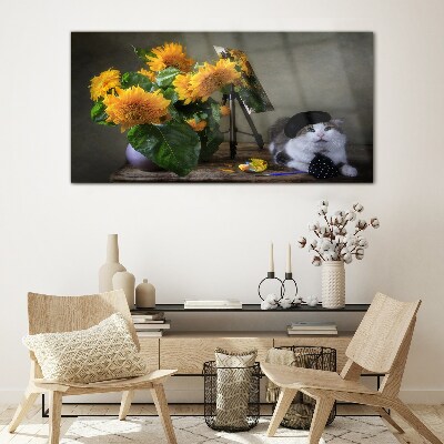 Cats and sunflowers Glass art print