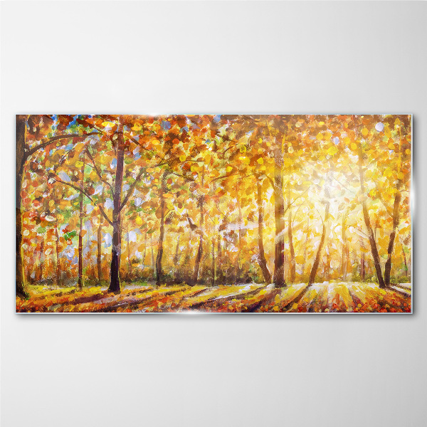 Golden autumn in the forest Wall art on glass