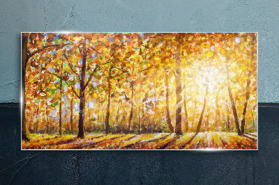 Golden autumn in the forest Wall art on glass