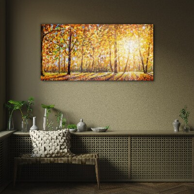 Golden autumn in the forest Wall art on glass