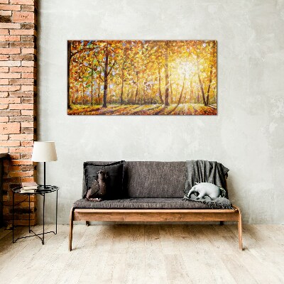 Golden autumn in the forest Wall art on glass