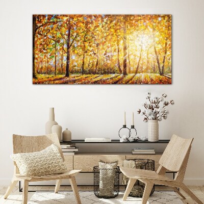 Golden autumn in the forest Wall art on glass