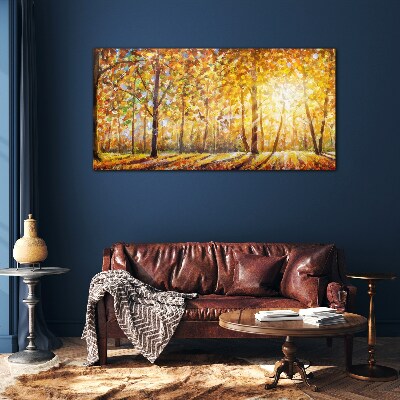 Golden autumn in the forest Wall art on glass