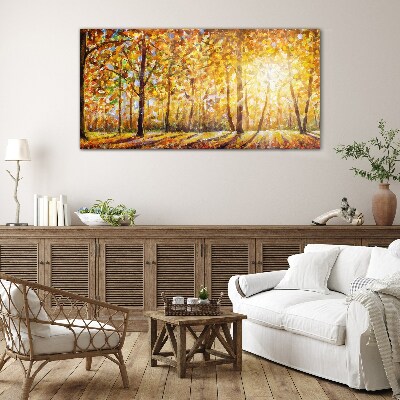 Golden autumn in the forest Wall art on glass