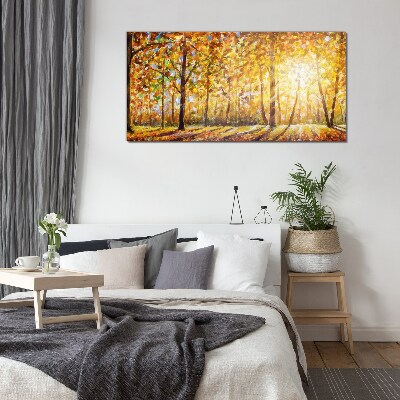 Golden autumn in the forest Wall art on glass