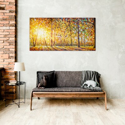 Golden autumn in the forest Glass art print