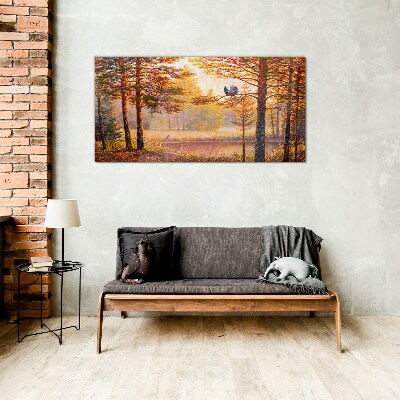 Autumn scenery with birds Wall art on glass