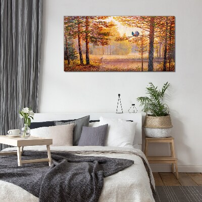 Autumn scenery with birds Wall art on glass