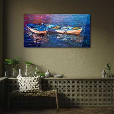 Boats sea water waves Glass Wall Art