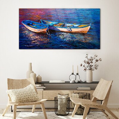 Boats sea water waves Glass Wall Art