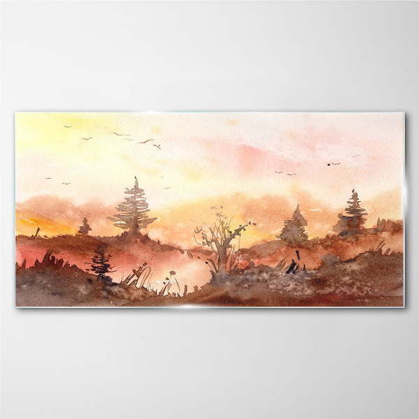 Sunset over a forest landscape Wall art on glass