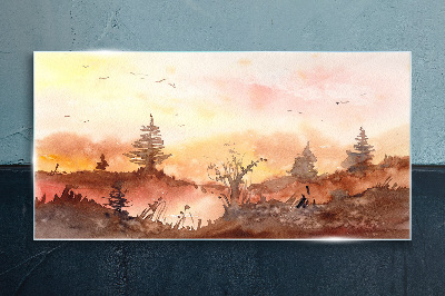 Sunset over a forest landscape Wall art on glass