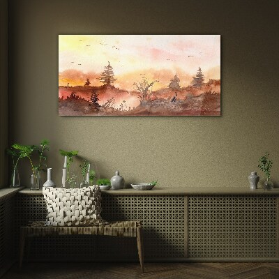 Sunset over a forest landscape Wall art on glass