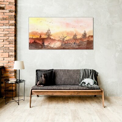 Sunset over a forest landscape Wall art on glass