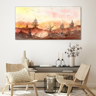 Sunset over a forest landscape Wall art on glass