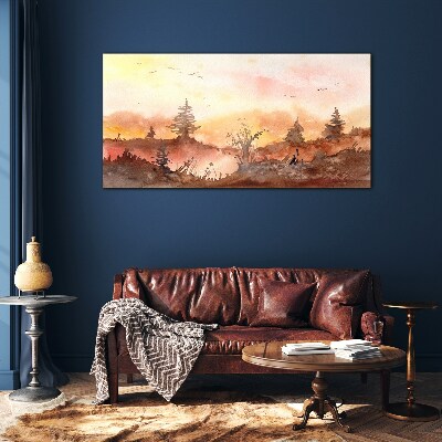 Sunset over a forest landscape Wall art on glass