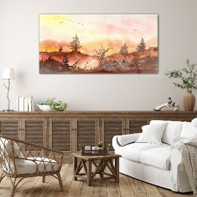 Sunset over a forest landscape Wall art on glass