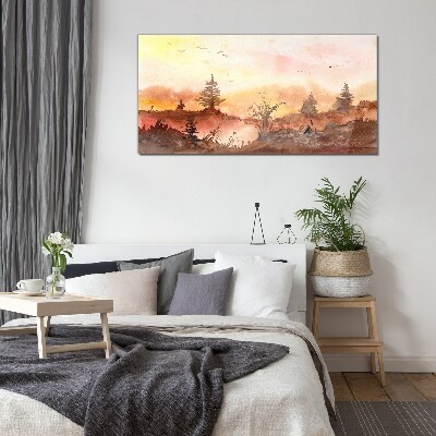 Sunset over a forest landscape Wall art on glass