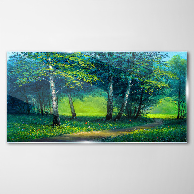 Green forest in the summer sun Wall art on glass