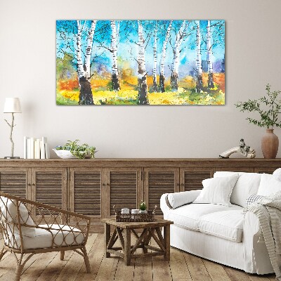 Birch Trees in Vibrant Landscape Glass art print
