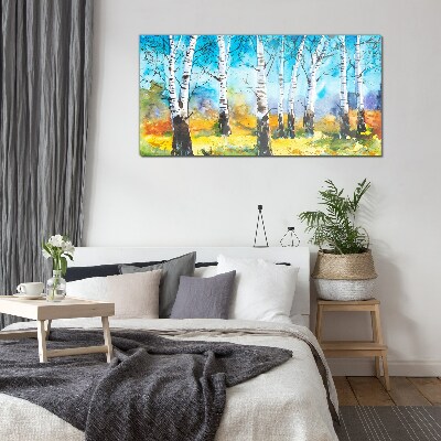 Birch Trees in Vibrant Landscape Glass art print