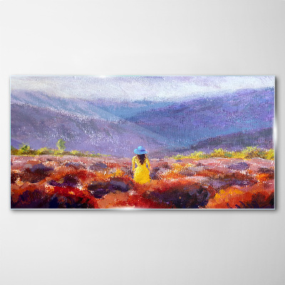 Woman in a purple landscape Glass art print