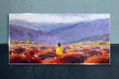 Woman in a purple landscape Glass art print