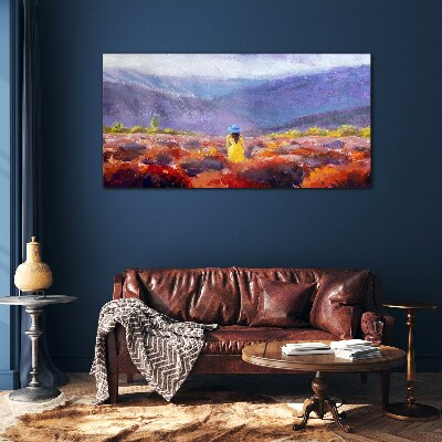 Woman in a purple landscape Glass art print