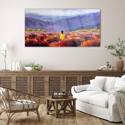 Woman in a purple landscape Glass art print
