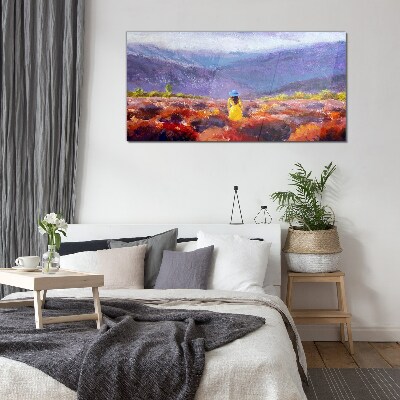 Woman in a purple landscape Glass art print