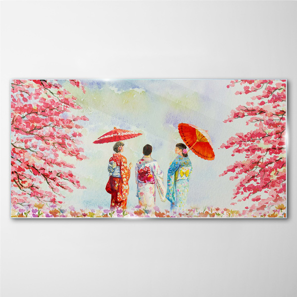 A spring walk under the blooming trees Glass art print