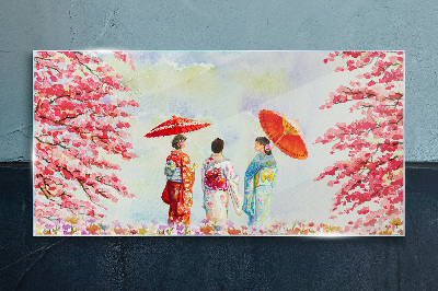 A spring walk under the blooming trees Glass art print