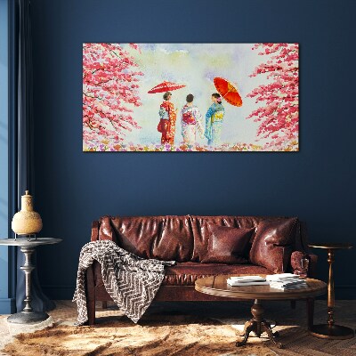 A spring walk under the blooming trees Glass art print