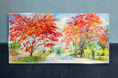 Autumn trees in the color of fire Wall art on glass
