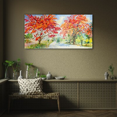 Autumn trees in the color of fire Wall art on glass